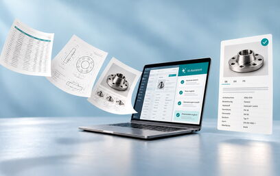 KI-Assistent-System zur Produktdatenpflege: Laptop zeigt Interface mit Checklisten, umgeben von technischen Dokumenten, Produktzeichnungen und Metallflanschen mit Produktdatenblatt