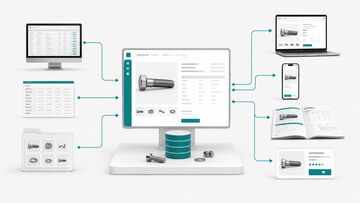 PIM-System mit zentralem Monitor zeigt Produktdetails einer Schraube, verbunden mit Datenbank und Outputs auf Desktop, Smartphone, Dokument und E-Commerce-Plattform