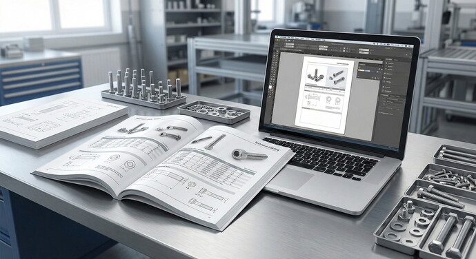 Laptop mit CAD-Zeichnung in InDesign und offener Schrauben-Katalog
