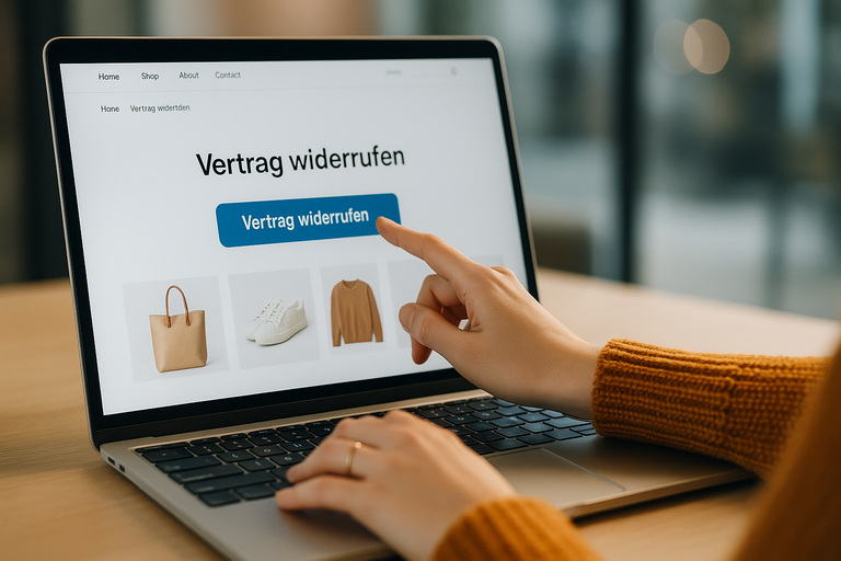 Person klickt im Onlineshop am Laptop auf den Button Vertrag widerrufen