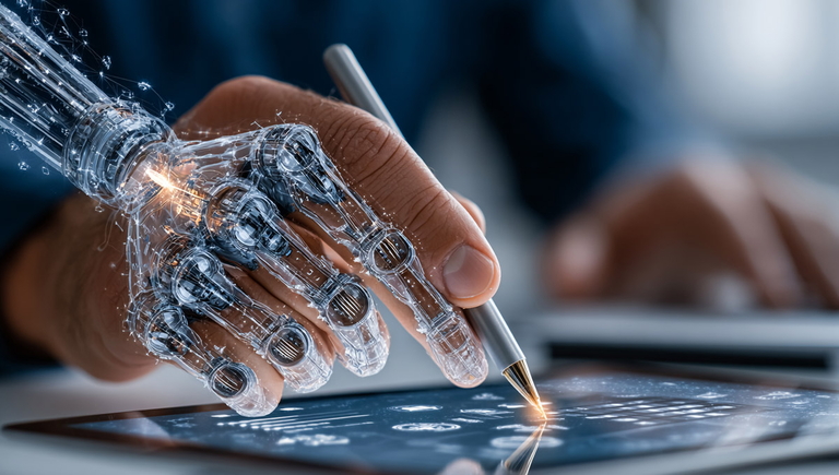 Menschliche und künstliche Hand schreiben gemeinsam auf Tablet, Symbol für KI Zusammenarbeit