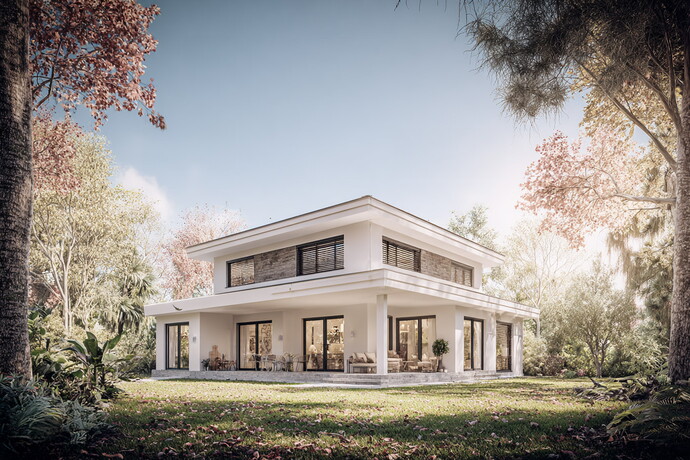 Modernes Einfamilienhaus mit Flachdach und Garten in idyllischer Umgebung