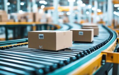 Pakete auf Förderband für effizientes Retourenmanagement mit Microsoft Dynamics 365
