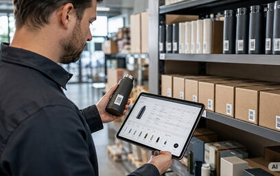 Mann mit Tablet und Handscanner vor Lagal mit schwarzen und braunen Kartons und Behältern, nimmt Bestandsdaten auf