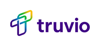 Truvio-Logo mit buntem geometrischem Symbol in Blau, Grün und Gelb sowie dunkelblauem Schriftzug
