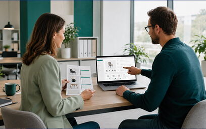 Zwei Personen besprechen im Büro Produktdaten auf Laptop und Ausdruck an einem Holztisch.