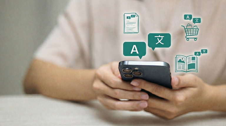 Übersetzungs-Icon schwebt über einem Smartphone. Darüber weitere Icons für Dokumente, Warenkörbe und Magazine