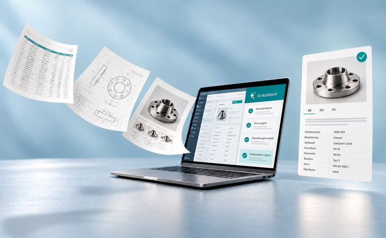 KI-Assistent-System zur Produktdatenpflege: Laptop zeigt Interface mit Checklisten, umgeben von technischen Dokumenten, Produktzeichnungen und Metallflanschen mit Produktdatenblatt