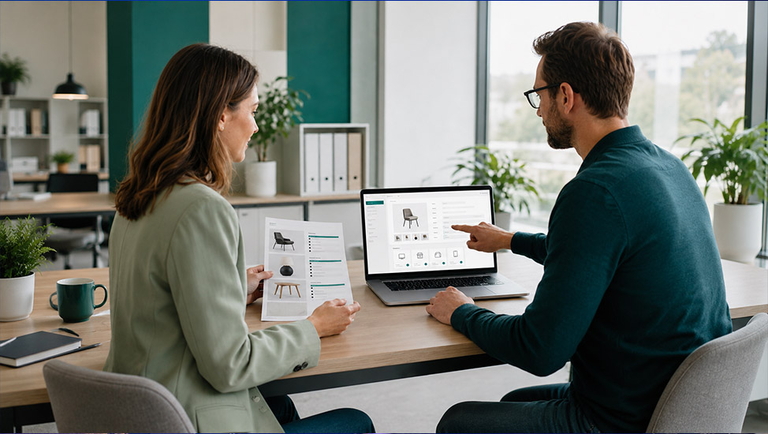 Zwei Personen besprechen im Büro Produktdaten auf Laptop und Ausdruck an einem Holztisch.