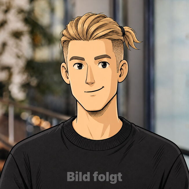 Illustration eines jungen Mannes mit blonde-blauem Haartoupet und schwarzem Sweatshirt, lächelnd vor verschwommenem Innenraum-Hintergrund
