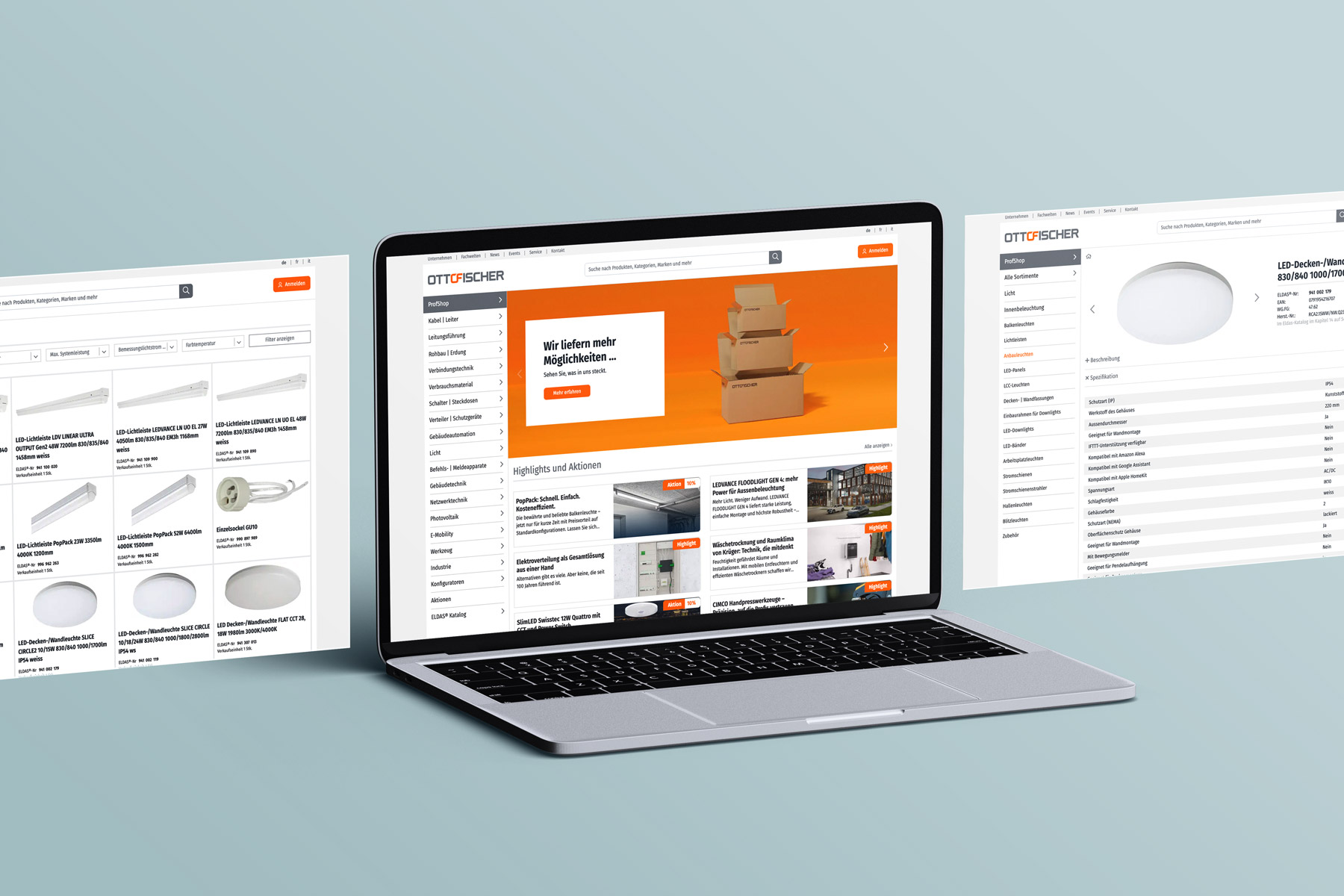 Webshop von Otto Fischer mit Produktübersicht, Detailseite und Startseite auf Laptop und Monitoren